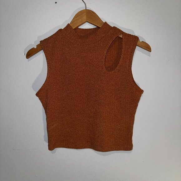 Cut Out Ribbed Knit Tank Top Mock Neck Sleeveless Crop Tops Brown Medium - Picture 1 of 2